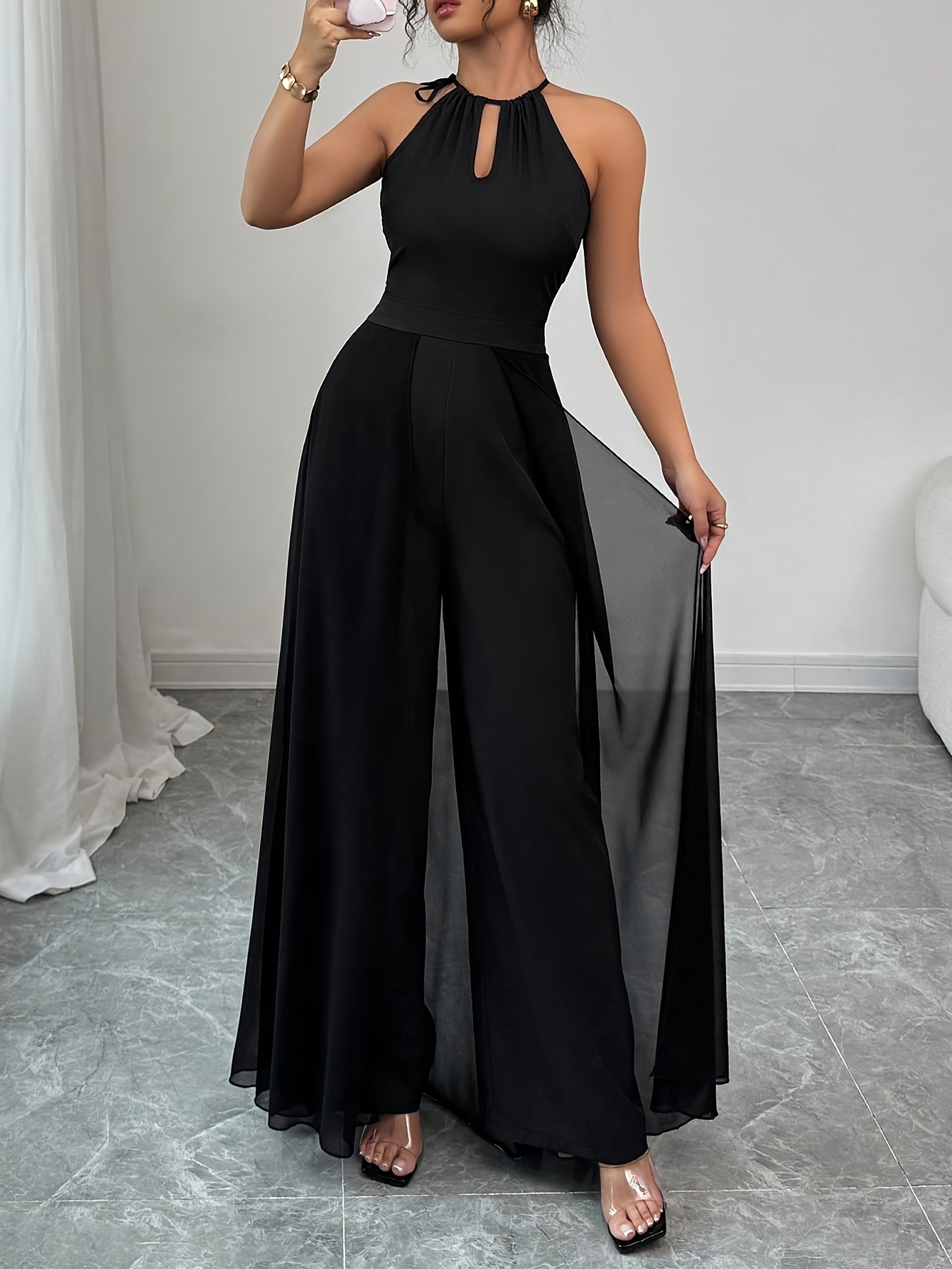 New Women's Fashion Summer Solid Color Elegant Commuter Backless Tie V-Neck  Hollowed-out Waist Corset Chiffon Hem * Fit Jumpsuit
