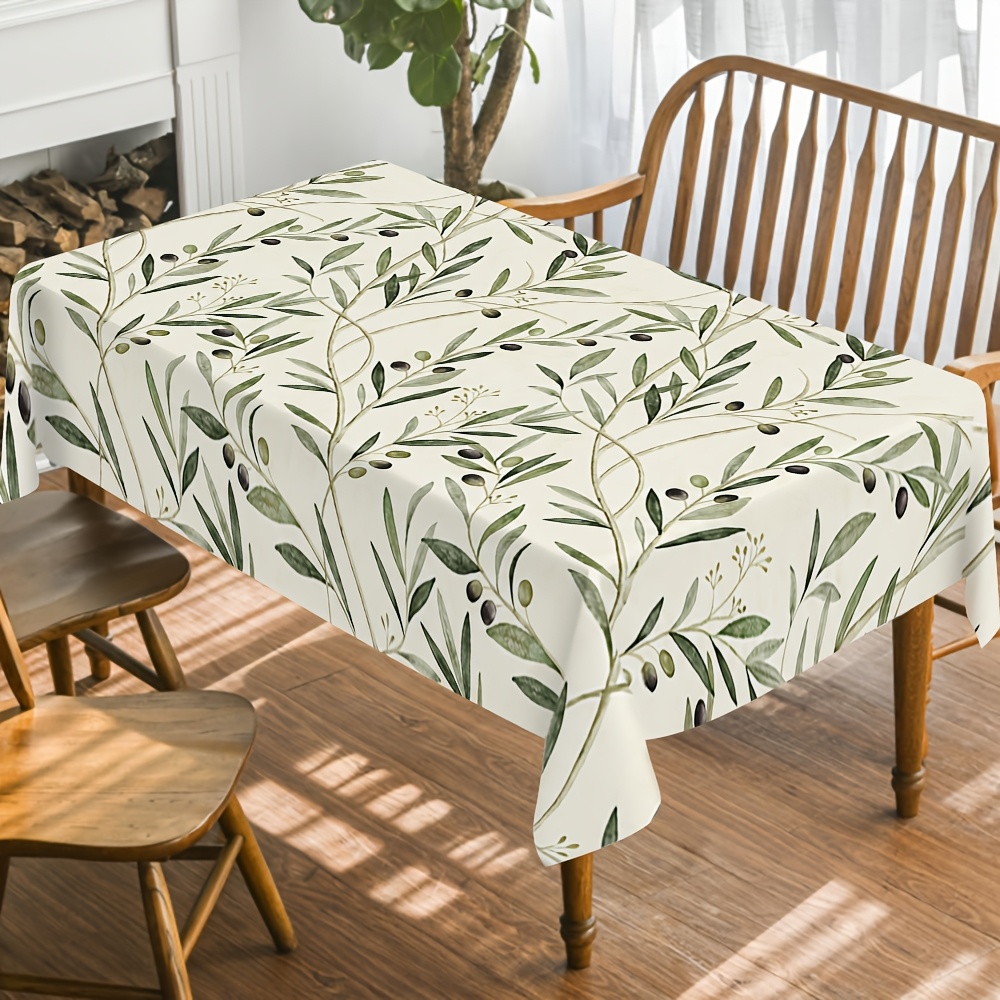 TEMU 1pc Fashionable Green Plant Print Tablecloth, Durable Polyester, Decorated With And Leaf Pattern, In Light Green And Beige Tones, Presenting And