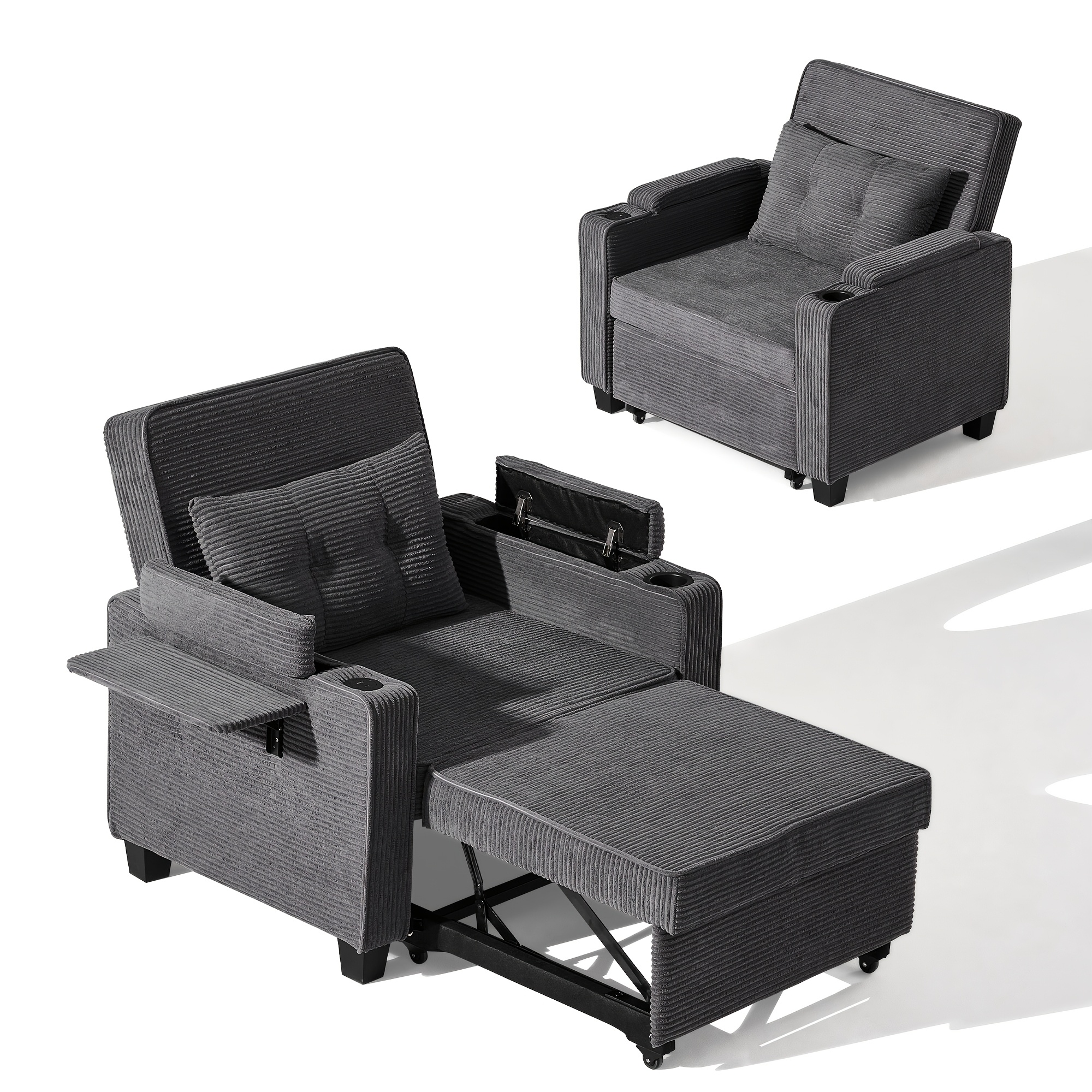 1pc Corduroy Single Sofa Bed 3-in-1 Recliner Pull-out Sofa Armchair, 3-position Adjustable Backrest (105°-160°), Storage Space & Cup Holder