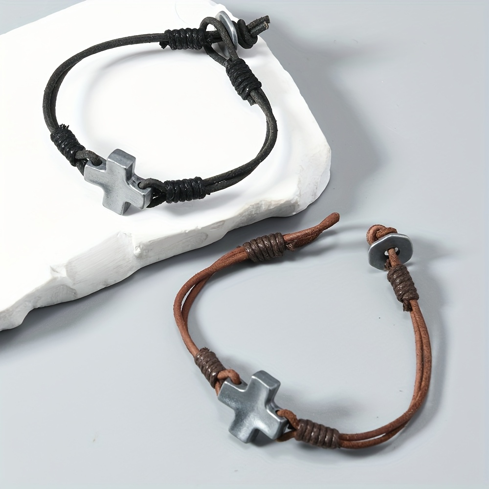 Men's Vintage Handwoven Cross Genuine Leather Bracelet