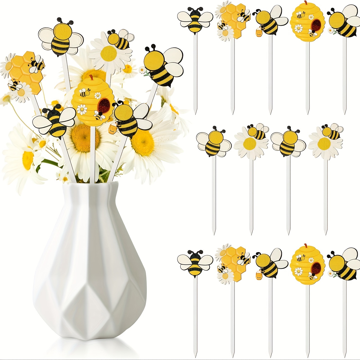 

14pcs, Bee Double-sided Wooden Picks - Cute Honeybee Wooden Decorative Pick For Home Vase Filler Colorful Wooden Bee Decorative Pick For Farmhouse Decor Summer Theme Decorations For Home