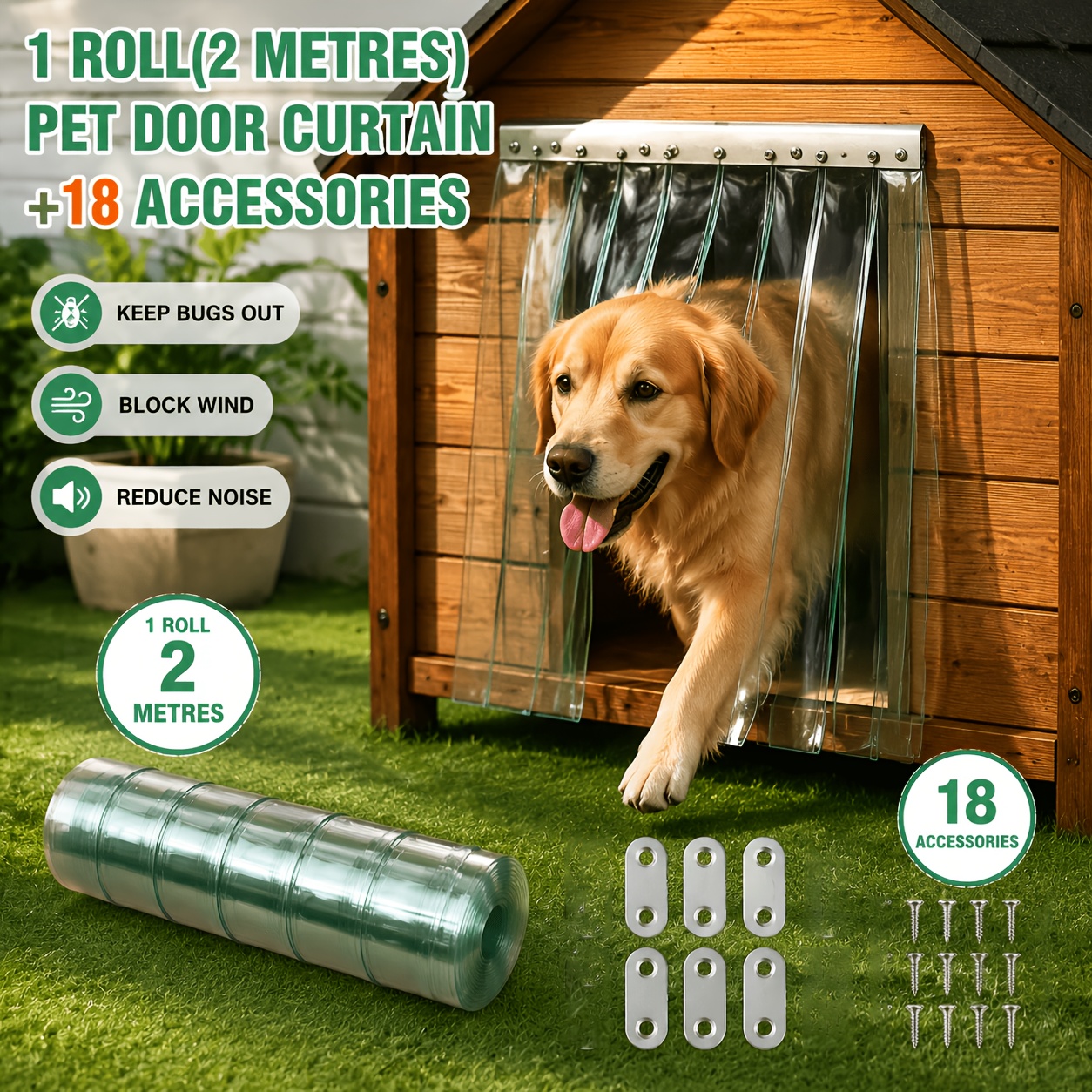 TEMU Pet Door Curtain For Cats And Dogs, 2 Meters (78.7 Inches) × 18cm (7 Inches), Includes 18 Metal Accessories, Transparent Strip Curtain,