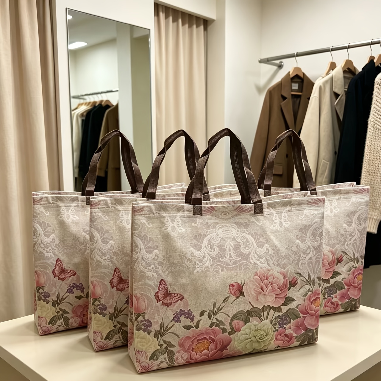 TEMU 4pcs Non-woven Fabric Retro Floral Tote Shopping Bags, Influencer Craft And Wear-resistant, All-match Gift Packaging Bag, Large Capacity Durable