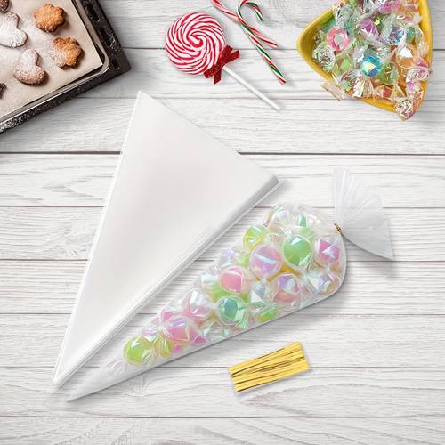10 30 50pcs transparent cone candy bags with golden twist fun snack display bags suitable for gifts and celebrations christmas popcorn handmade cookie decorative bags