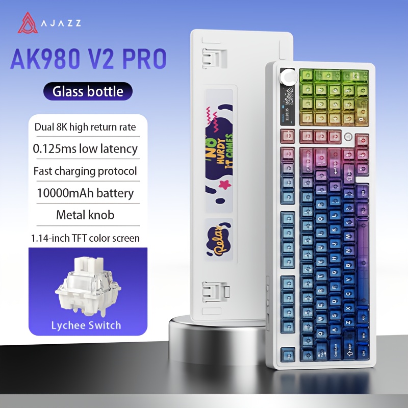 Ajazz Ak980 98 Layout Gasket Mechanical Keyboard 10000mah Long Full Key Hot-swappable Tft Screen Knob 8k Rate Rgb Backlit Gaming Keyboard