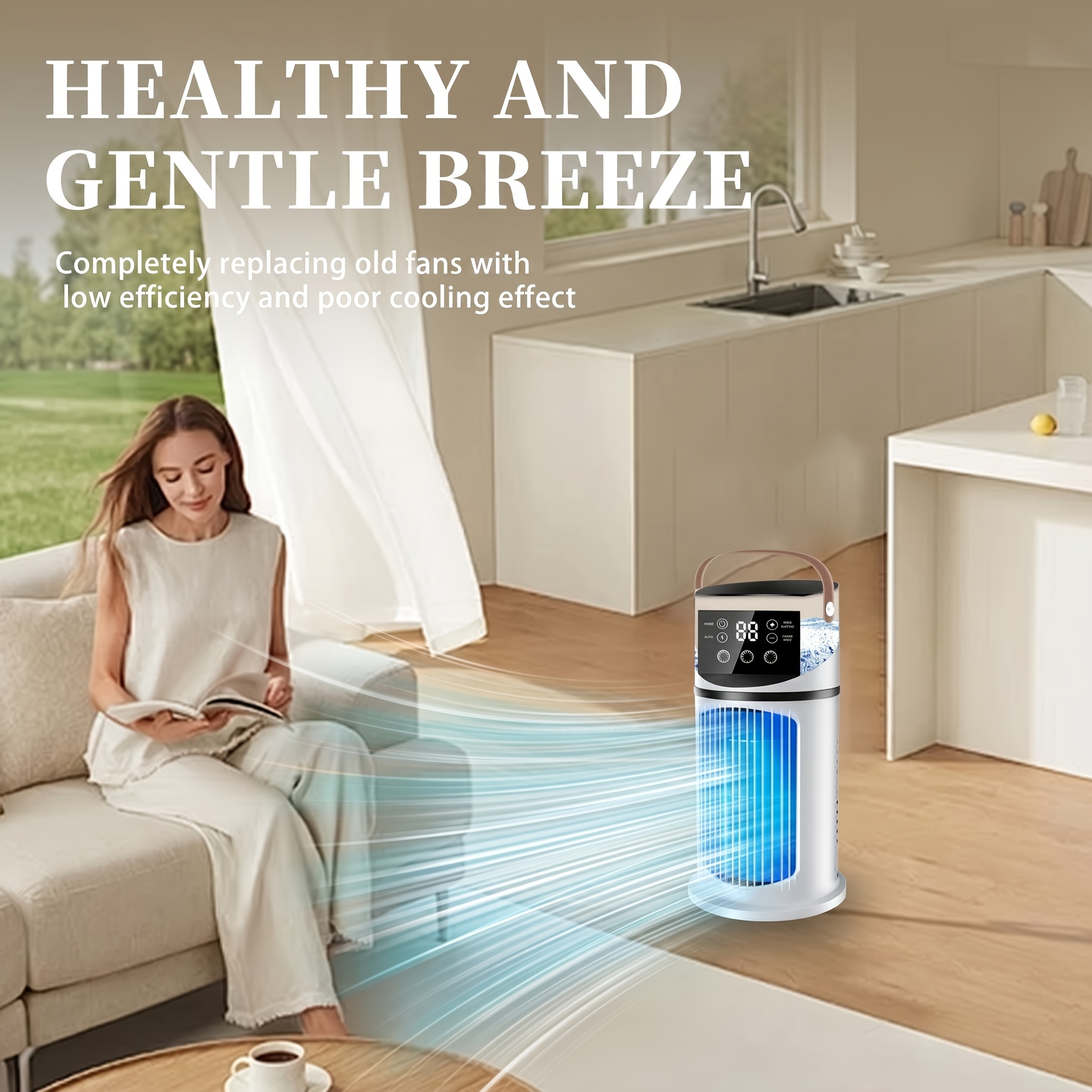Ventilateur de climatisation portable avec 9 vitesses + 4 blocs de glace, ventilateur de refroidissement surround, refroidissement silencieux en 3 secondes avec humidificateur atomiseur, réservoir d'e