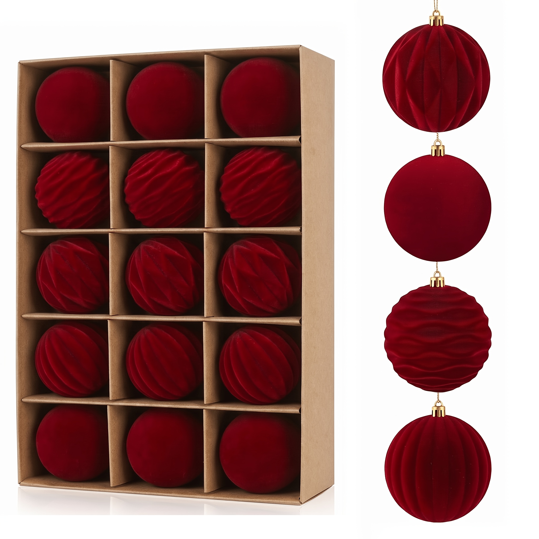 TEMU 15 pezzi di decorazioni natalizie in velluto con scatola, per albero di Natale morbide opache infrangibili, eleganti decorazioni per decorazioni