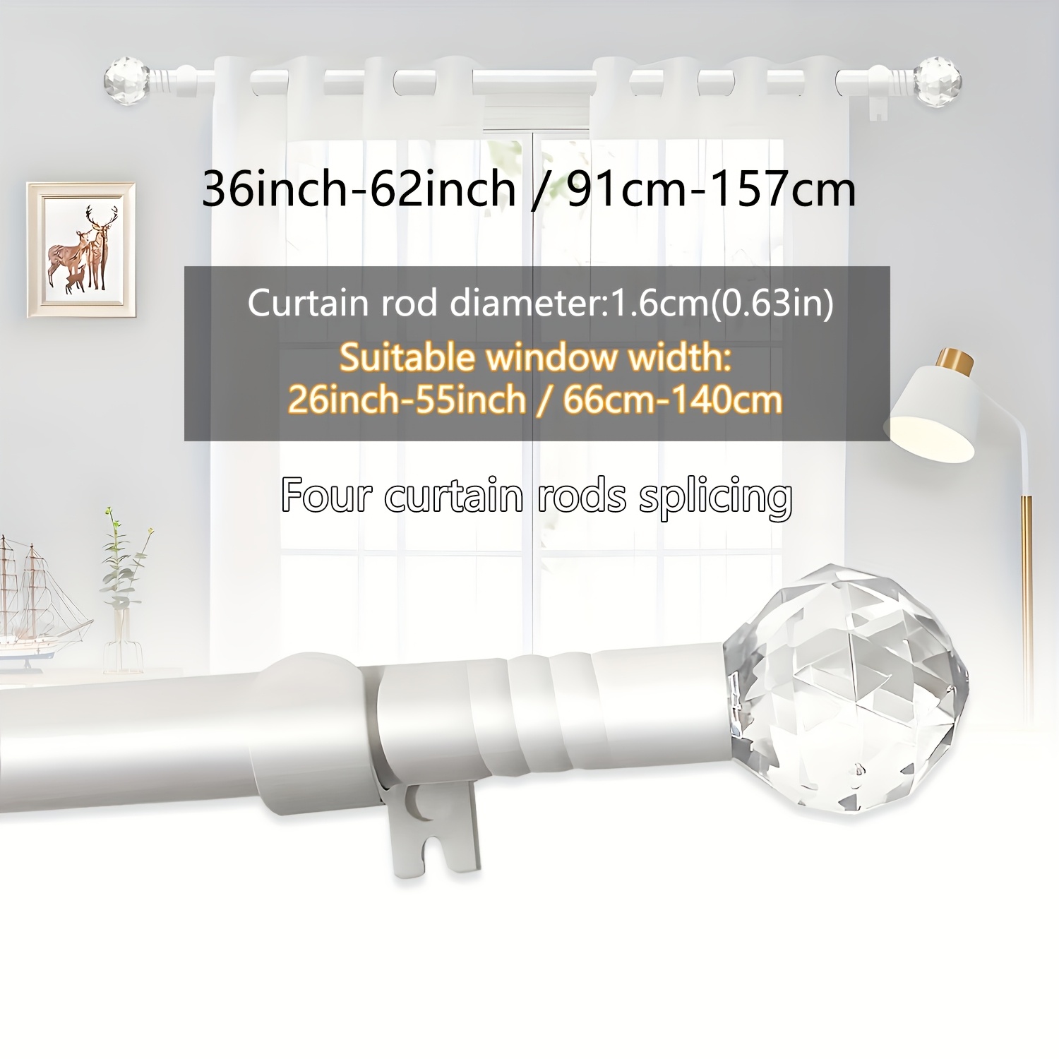 White Curtain Rod, 28-144 Inches In Length , Suitable For Collocations, Versatile, Living Room Bedroom Study Office Other Curtain Rods, Modern Gorgeous Transparent Decorative Head