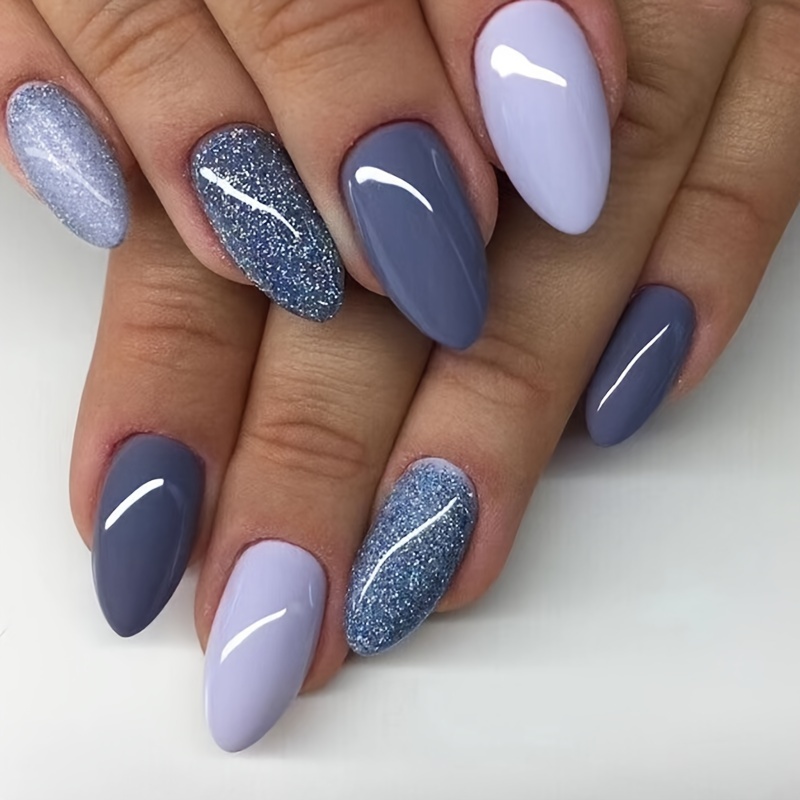 

24pcs Almond Shaped Long Press-on Nails Set, Glossy , Pure In Blue And Purple Tones, Easy Application Fake Nail Tips For A Chic Look