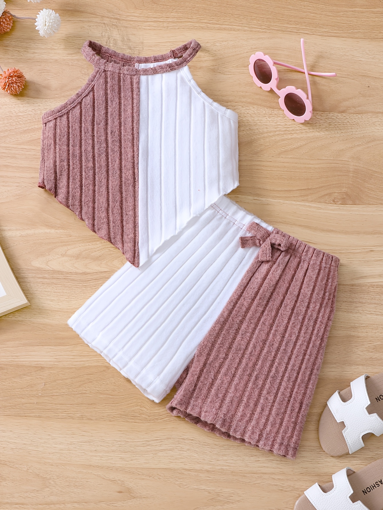 Girls 2pcs Summer Outfit Set, Knitted Polyester & Elastane, Solid Color Halter Neck Top with Bow Detail & Matching Shorts, Casual Fit for Playtime & Outings, for Outdoor