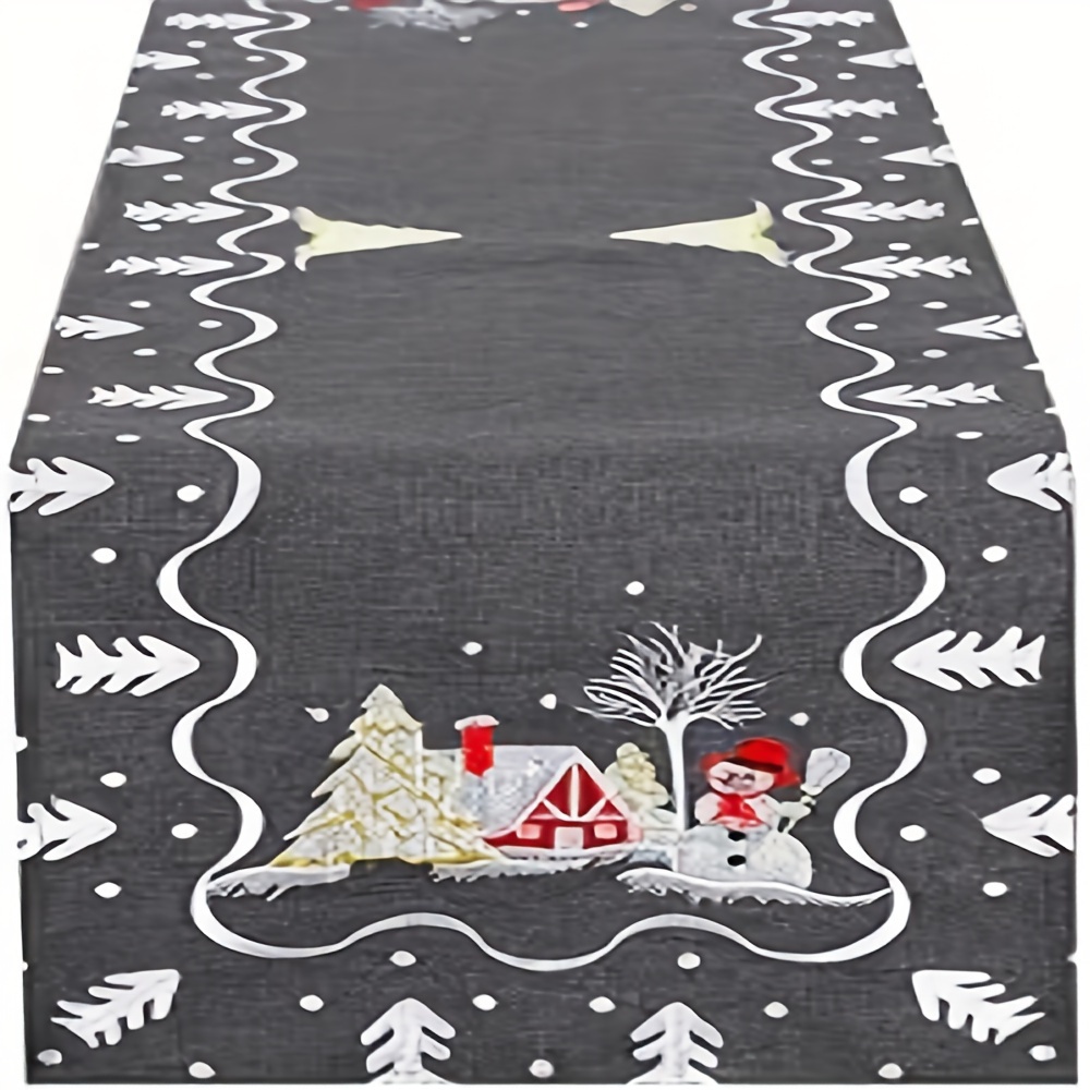 

Christmas Snowflake Farmhouse Table Runner - Rectangular Woven Polyester Tabletop Decor For Holiday, Birthday, Party - 100% Polyester Table Dressing With Snowman And Tree Embroidery