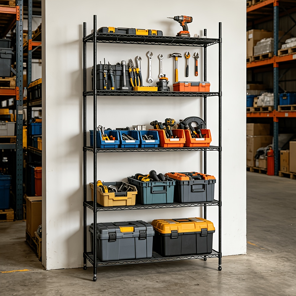Image of 5 Stage Storage Rack With Wheels, Adjustable Storage, 1000kg Load Capacity, Metal Garage Rack, Wire Rack, Black For Kitchen Rack, Basement, Bathroom, Utility Shelves