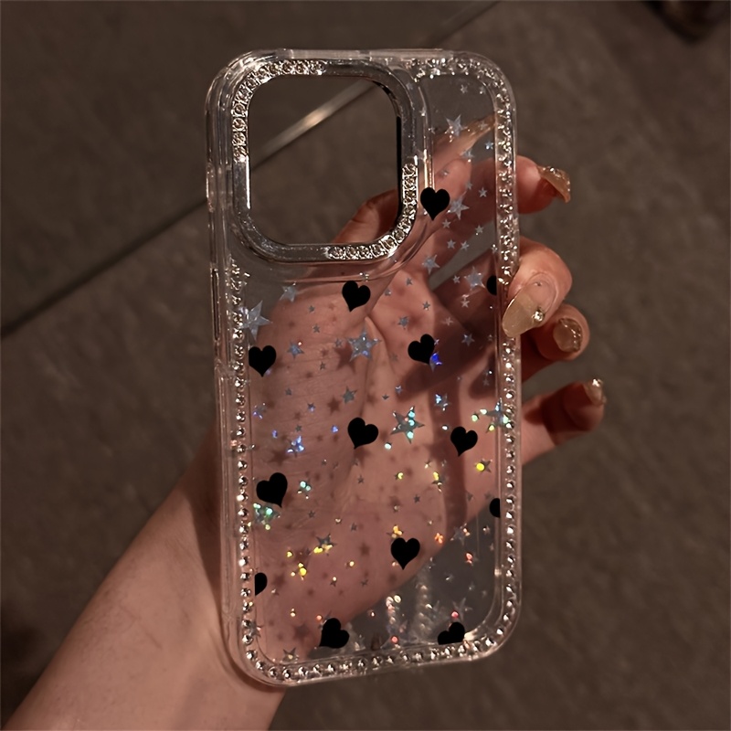 TEMU Funda para teléfono: Funda de lujo de moda con pedrería en forma de , carcasa estrellada con borde de cristal transparente y brillante, cubierta