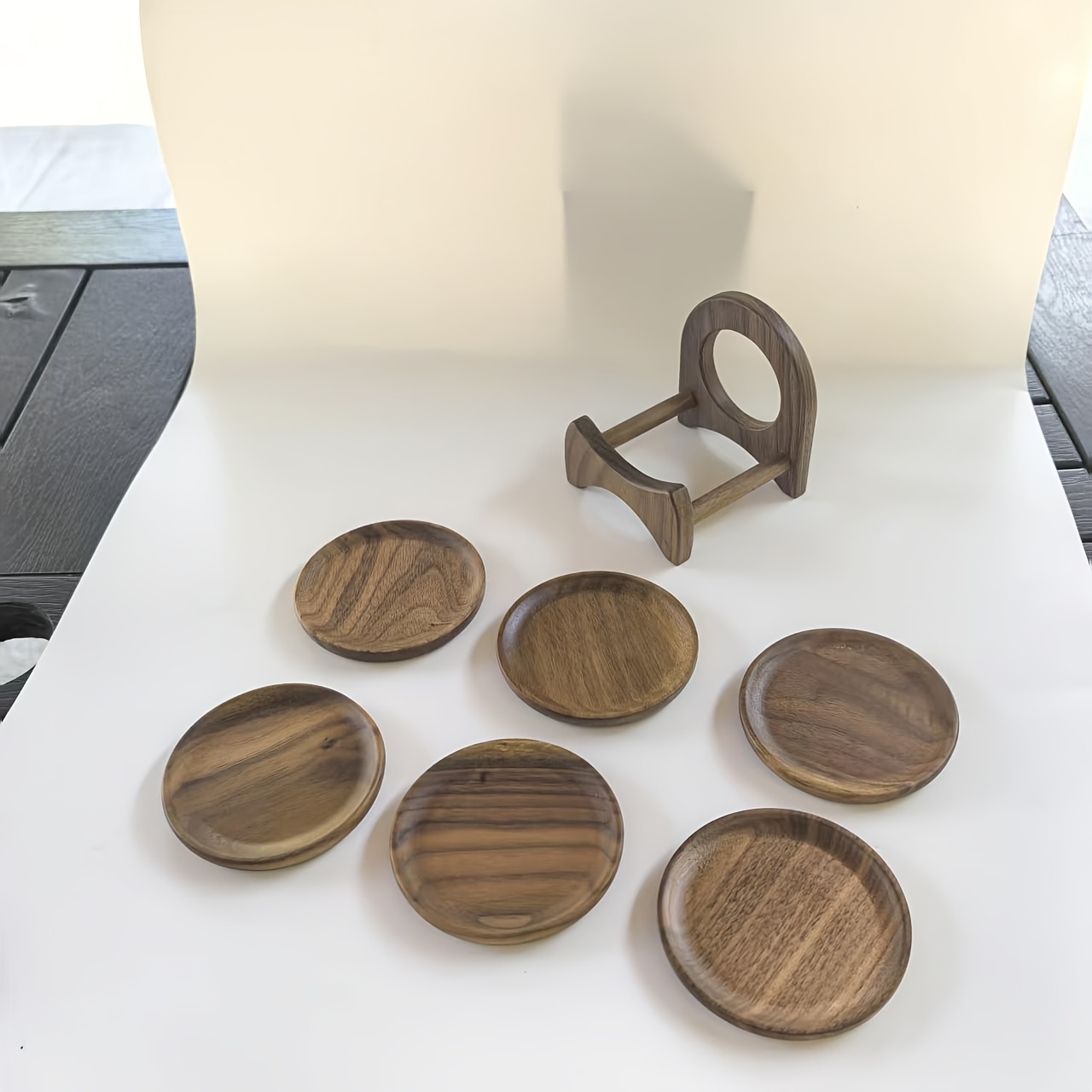 TEMU 1 Set, Round Coaster Set With Storage Rack, Solid Wood Coaster Set, Coaster Set, Japanese Solid Wood Tea Coasters, Heat Insulation Mat Set,