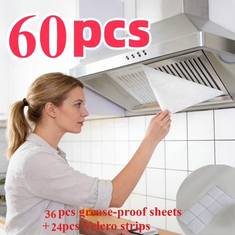 TEMU 60pcs Self-adhesive Range With 36pcs Oil-absorbing Papers And 24pcs Hook-and-loop Polyester Fibers, For Cleaning, Kitchen Exhaust Fan