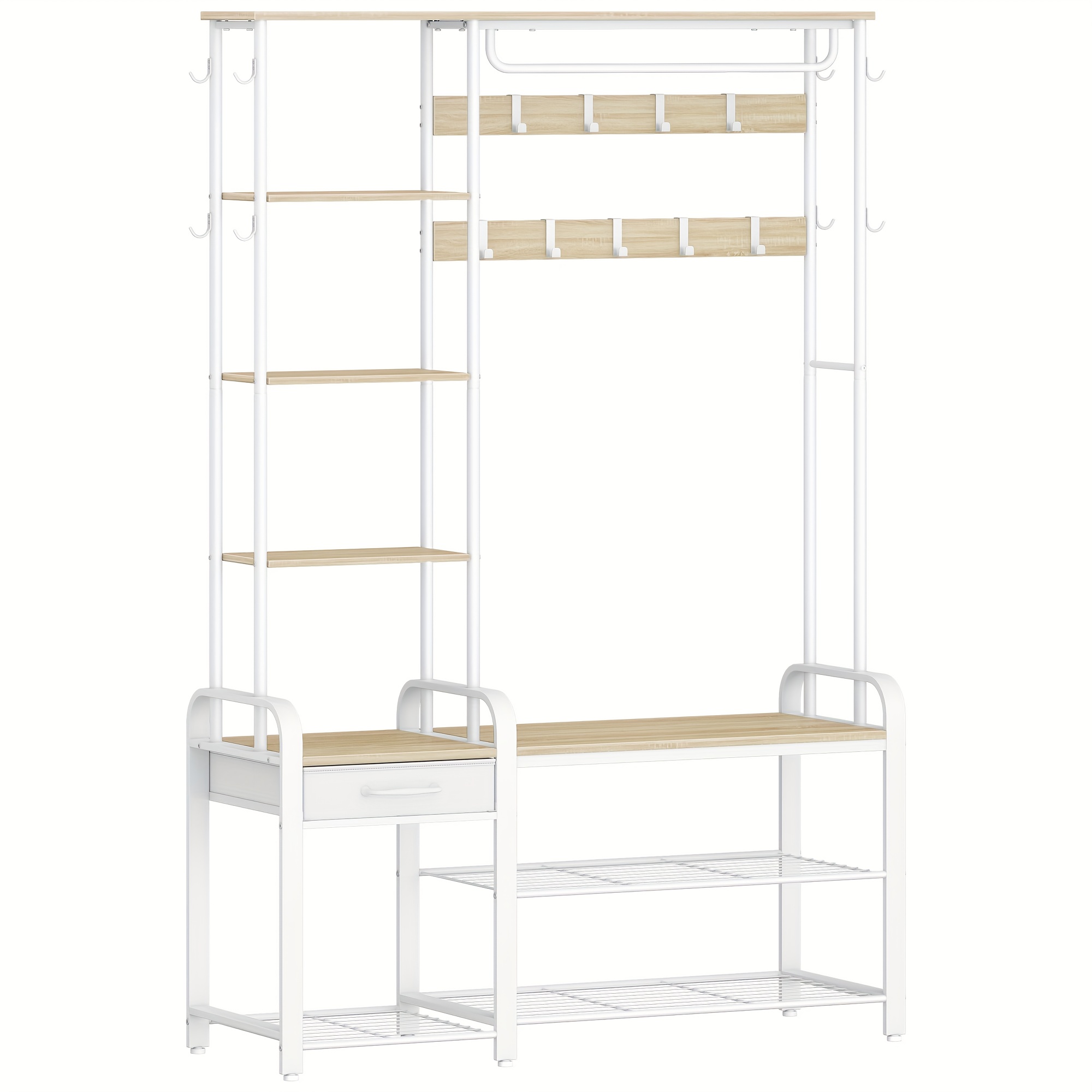 Coat Rack With Bench, Wardrobe With 3-tier Shoe Bench And 1 Drawer, Clothes Rack With 17 Hooks, 1 Hanging Rod, 4-tier Side Shelves, -white/black
