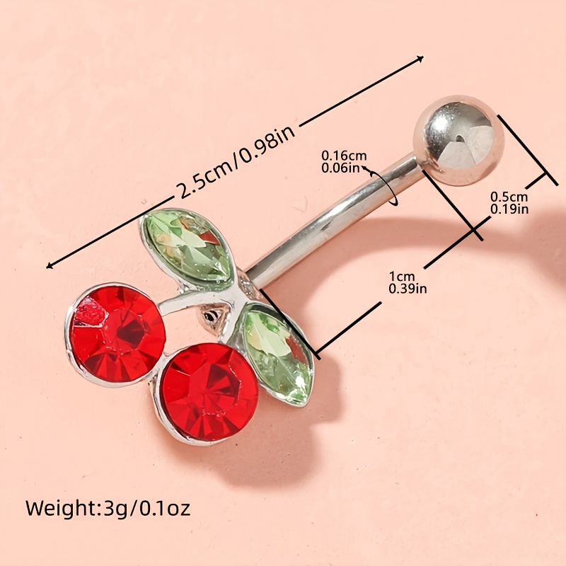 1pc Red Cherry Belly Button Ring, Stainless Steel Piercing Navel Nail,  Fashion Party Body Jewelry