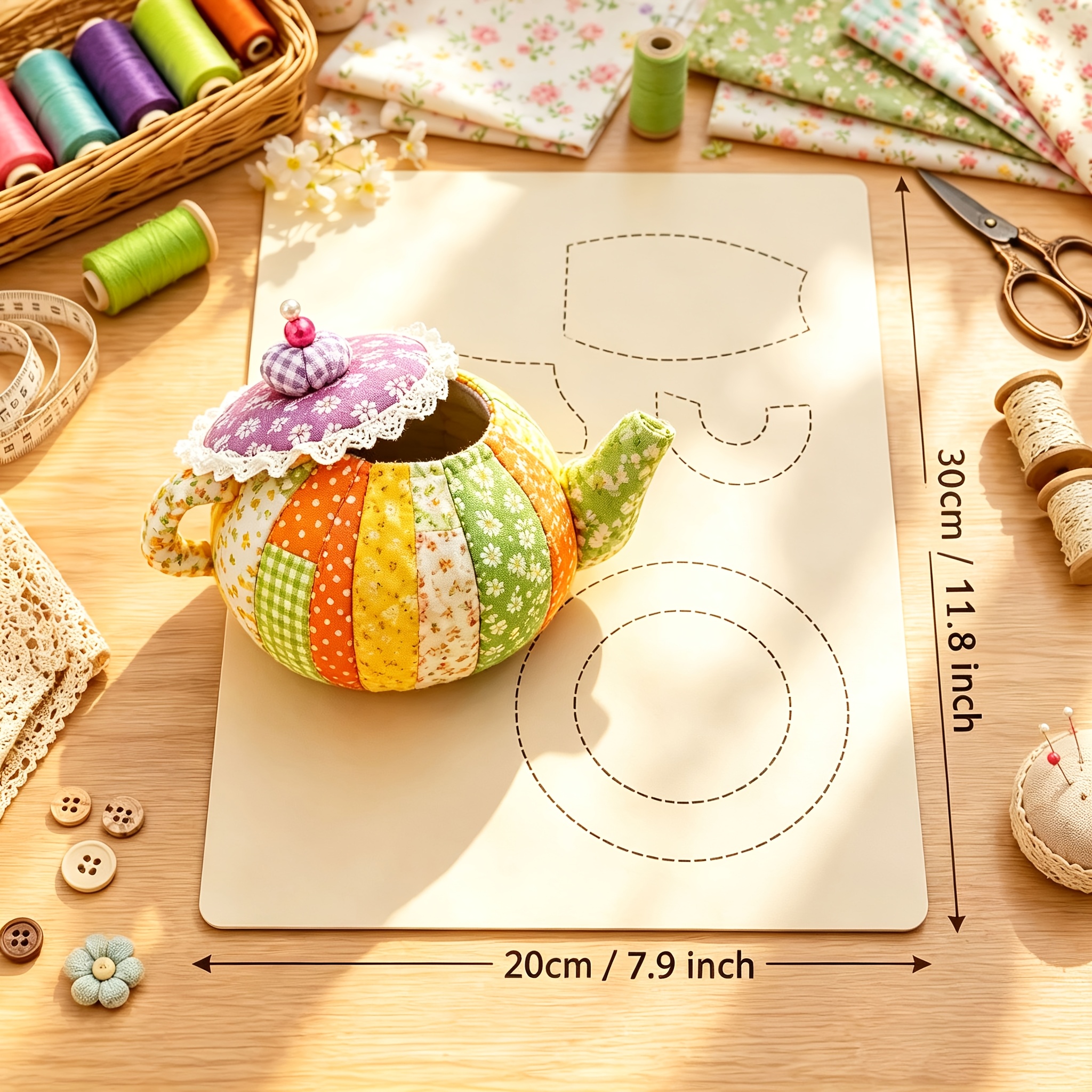 TEMU 1pc Fabric Teapot Pin Cushion Sewing Template, Reusable Teapot Craft Stencil, Handmade Floral Cloth Teapot Pattern, Quilting Supply, Special
