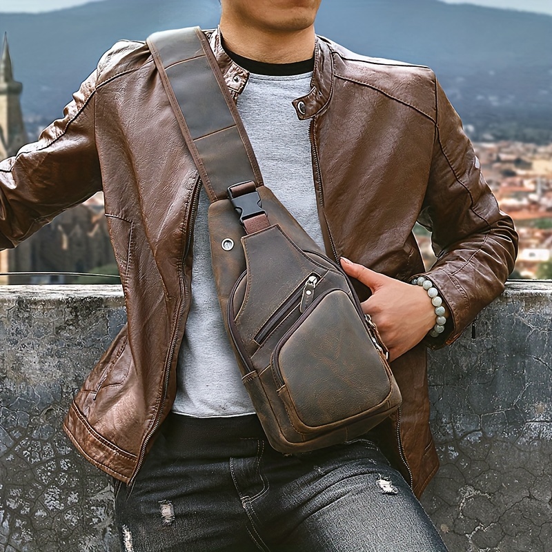 Image of Men's Genuine Leather Bag - Vintage Triangle Crossbody Sling With Zipper Closure, Short Daypack For Travel & - Durable Casual Shoulder Bag Suitable For Men