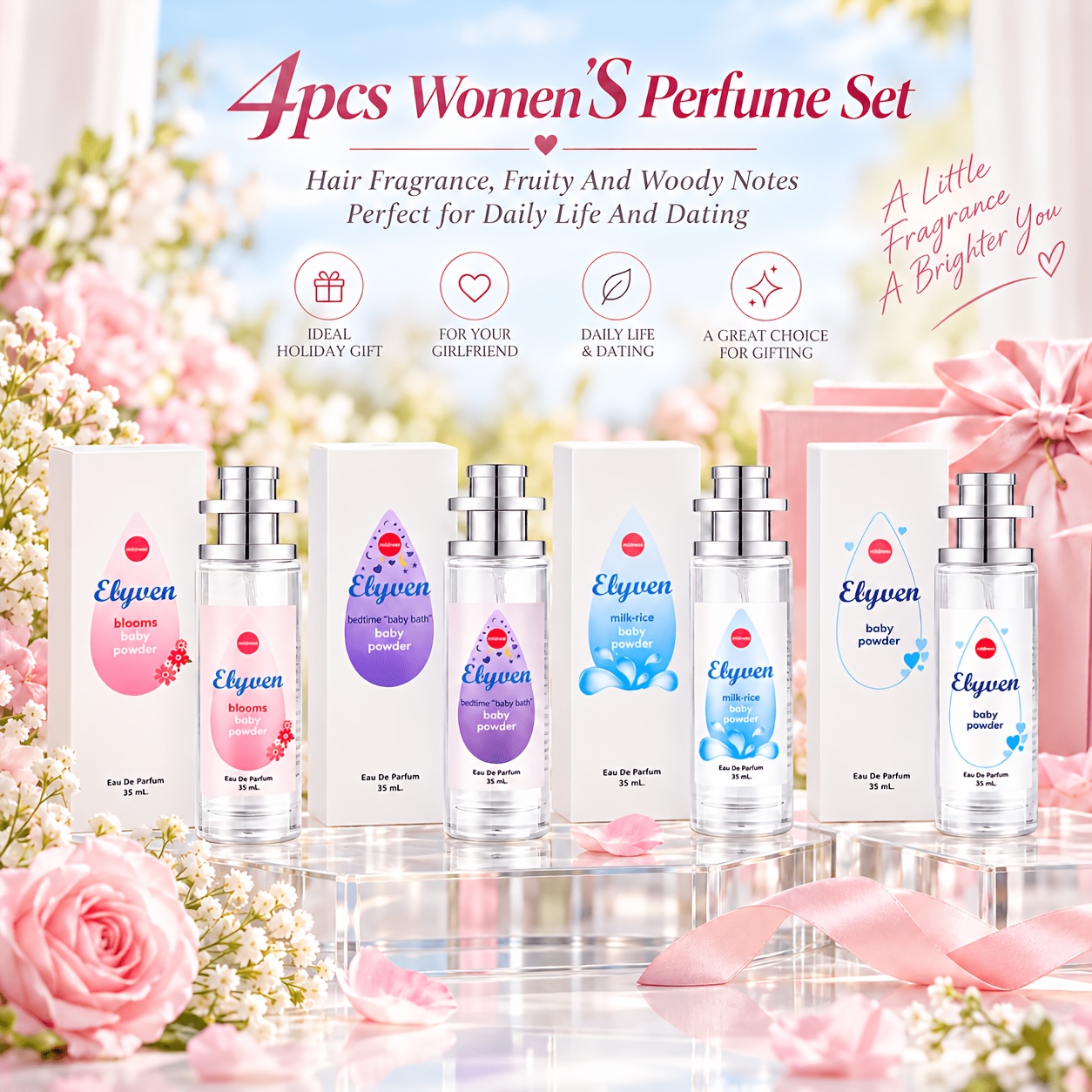 Image of 4pcs Women's Perfume Set, Hair Fragrance, Fruity And Notes, Perfect For Daily Life And Dating, Ideal Holiday Gift For Your Girlfriend And A For Gifting