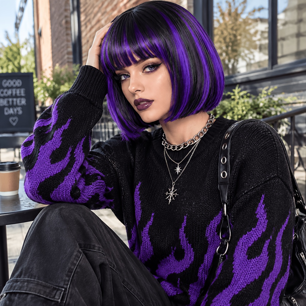 TEMU Women's Black-purple Highlighted Bobo Hairstyle Short Straight Hair Wig With Bangs, Full High-temperature Fiber , Gothic Hot Cosplay Wig