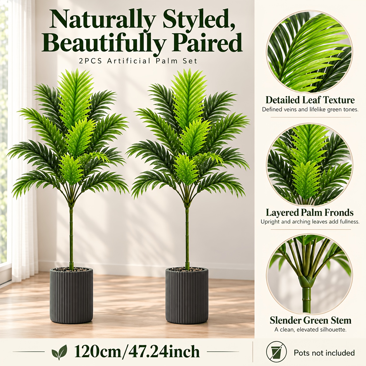 TEMU 2pcs Giant Artificial Palm Trees - Realistic Tropical Plants, Faux Greenery - Green Foliage, Maintenance-free Indoor/outdoor Decor, Suitable For