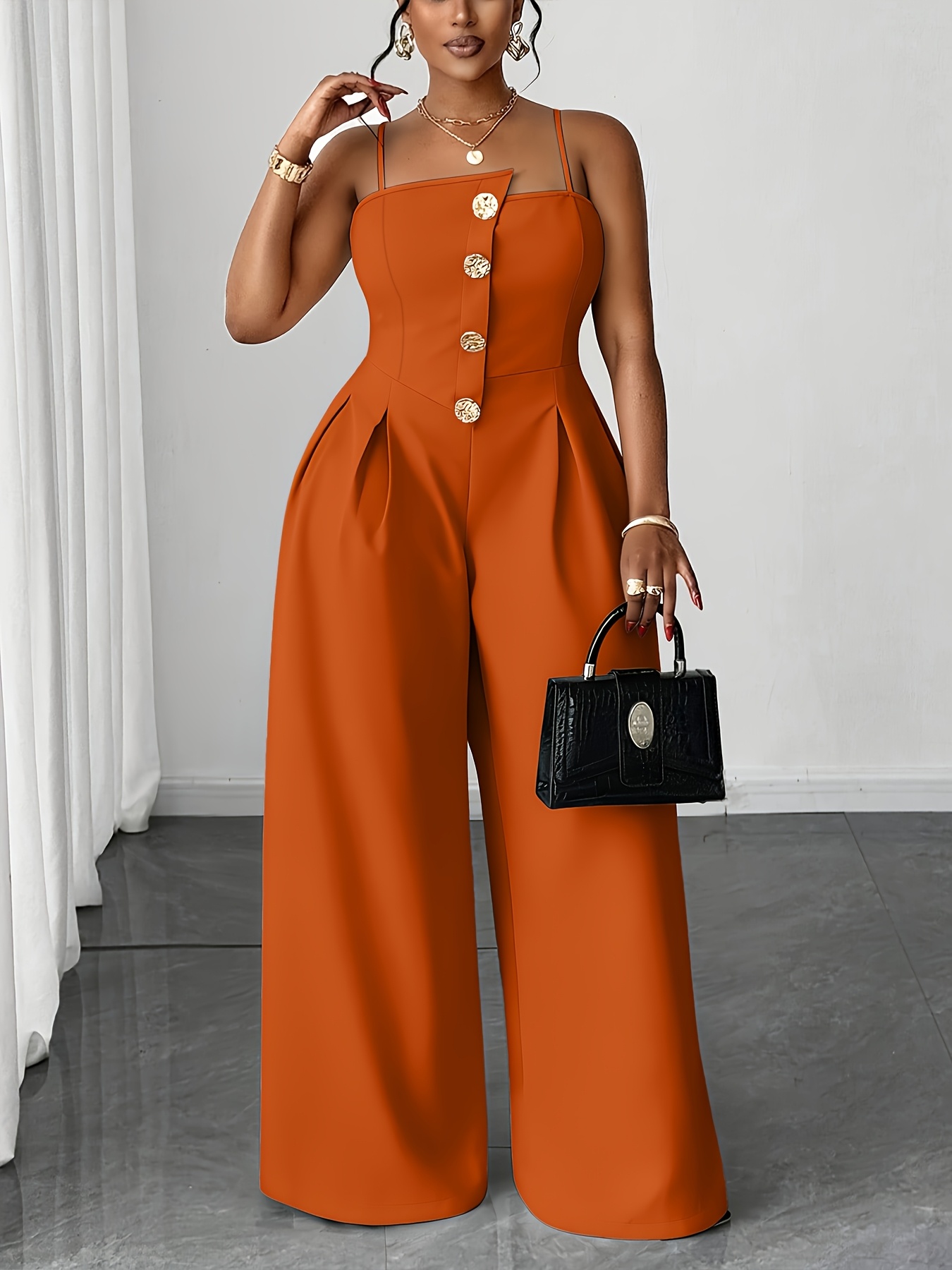 Color: Orange red Plus Size - Spring And Summer Plus-Size Structured Full-Length Pants Solid Color Strap Belted Wide Leg Pants Daily Commute Casual Fashion Leggings
