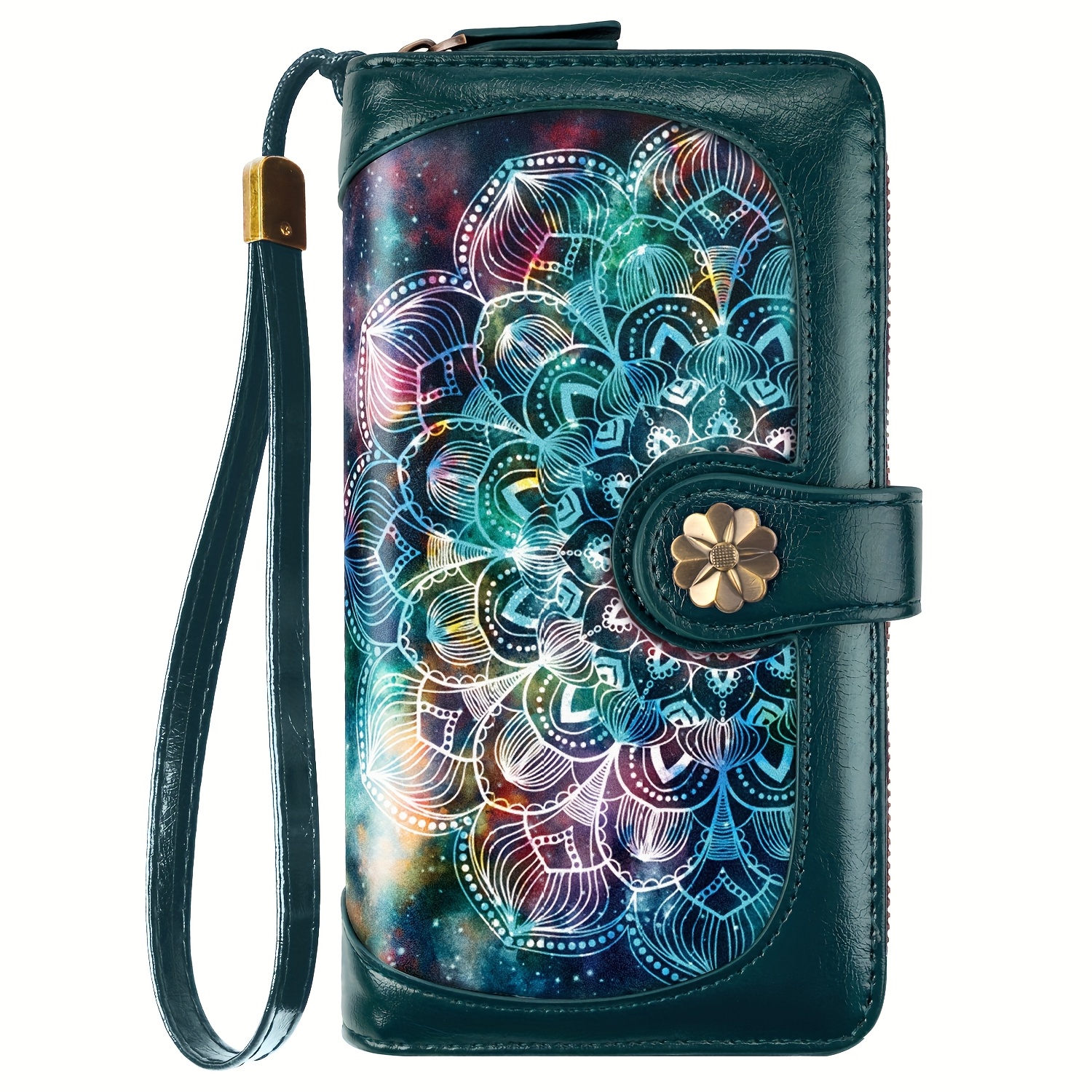 Image of Ladies' Mandala Printed Multifunctional Large Capacity Wallet With Multiple Card Slots, Credit Card Holder, Coin Pouch, Zipper And Wrist Strap, Anti-theft Travel Wallet