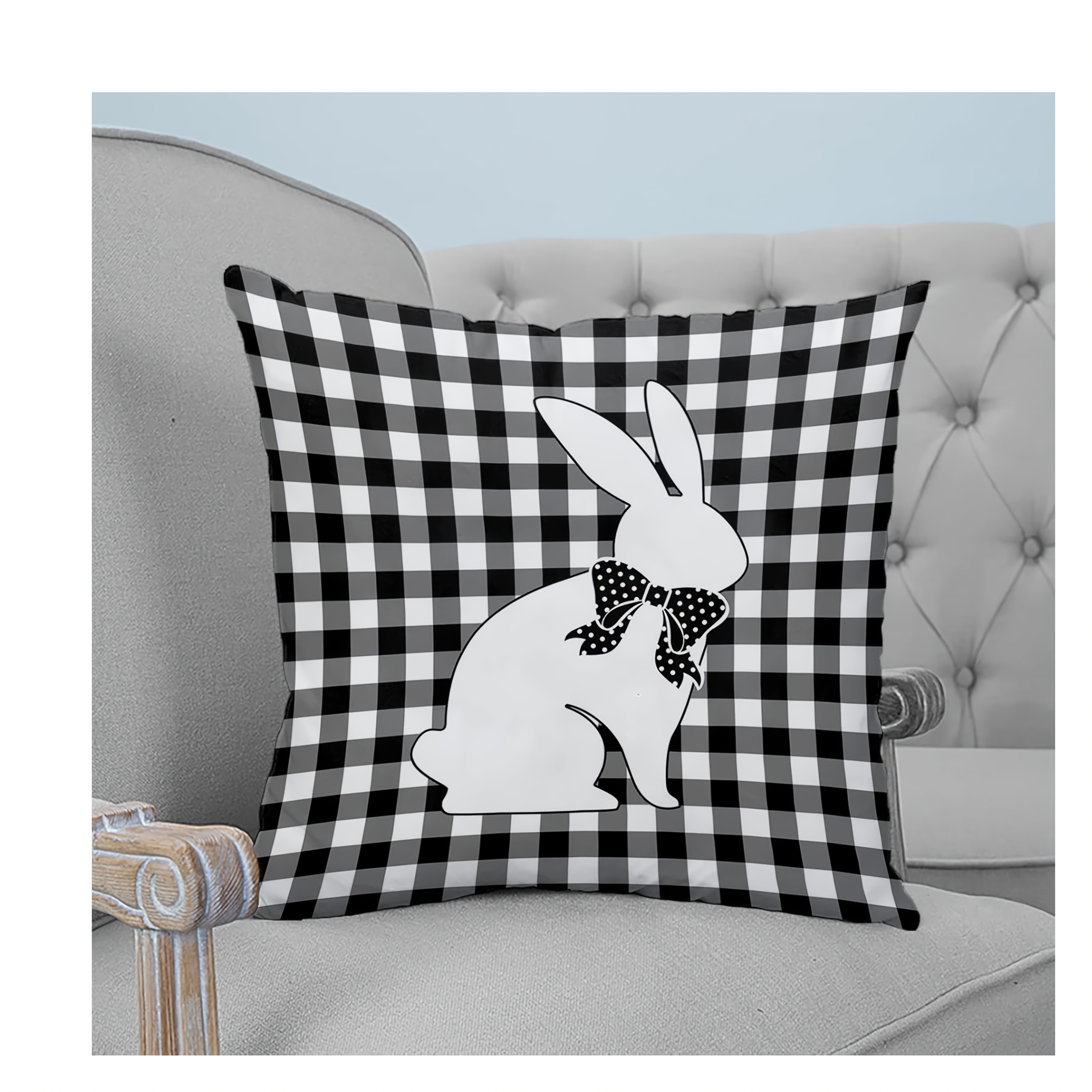 

1pc, Linen Easter Bunny With Bow, Black & White Square Throw Pillow Decorative Set For Sofa/mattress, Pillow For Bedroom, Living Room Farmhouse, Single Sided Printing, No Pillow