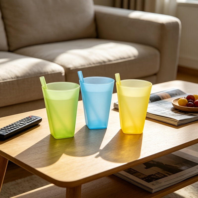 TEMU 3pcs Colored Plastic -one Straw Cups, 360ml Drink Cups, Very Suitable For Juice, Milk, Drinks, A For Home Kitchen And Restaurant