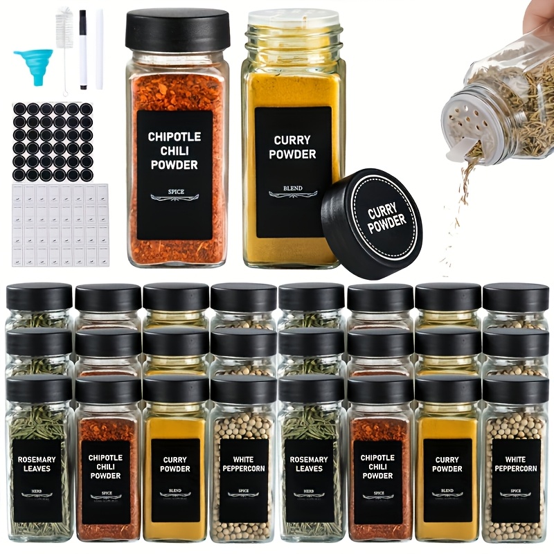 12/24pcs Labeled Glass Spice Jars - 4oz Seasoning Containers With Black Lids And Round Hole Caps, Handwrite Labels And Marker Pen, Collapsible Funnel, Cleaning Brush