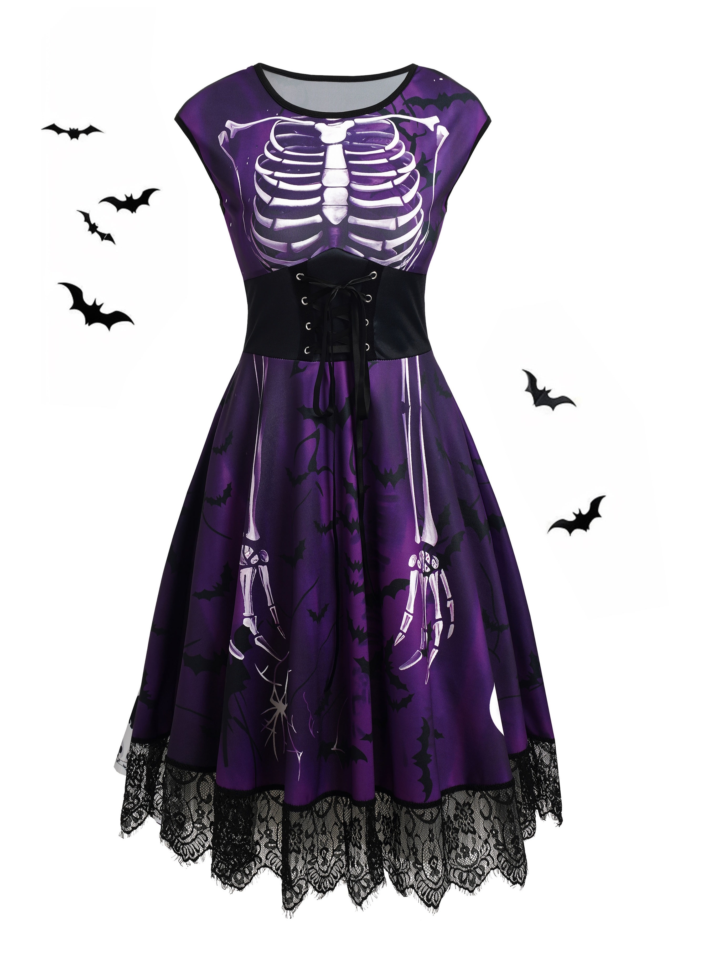 Vintage-Inspired Halloween Dress with Skull & * Lace Trim, and High Waist -  * Parties
