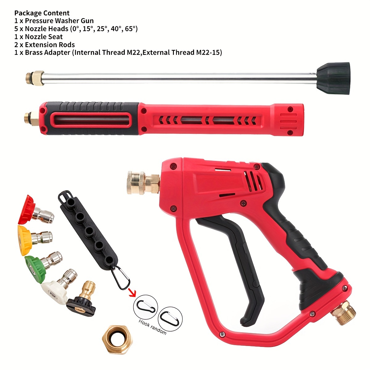 

1 Pack, 4000 Psi High Pressure Washer Gun Kit With 5 Nozzle Heads & 2 Extension Wands, 3 Lengths, M22-14 Inlet, 1/4" Quick Connector Outlet, Adjustable Power Spray Gun For Outdoor Garden Yard Cleaning