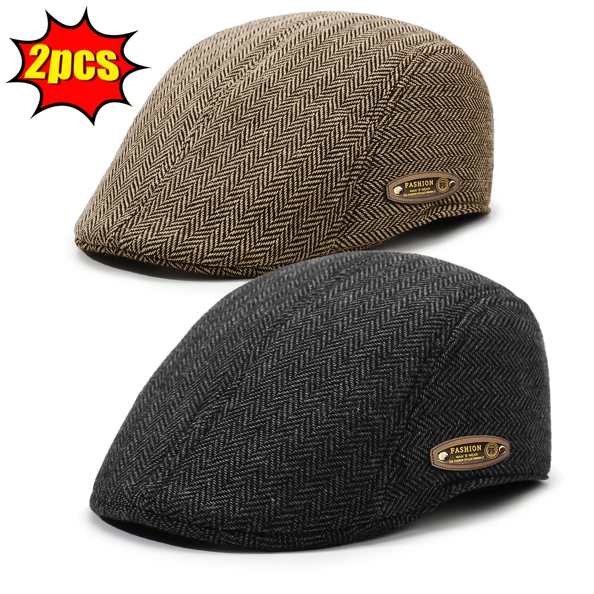 TEMU Ensemble 2 pièces Automne Hiver Nouveau Beret Rétro Chaud Design Herringbone pour Personnes Âgées et Seniors, Chapeau d'Extérieur Décontracté