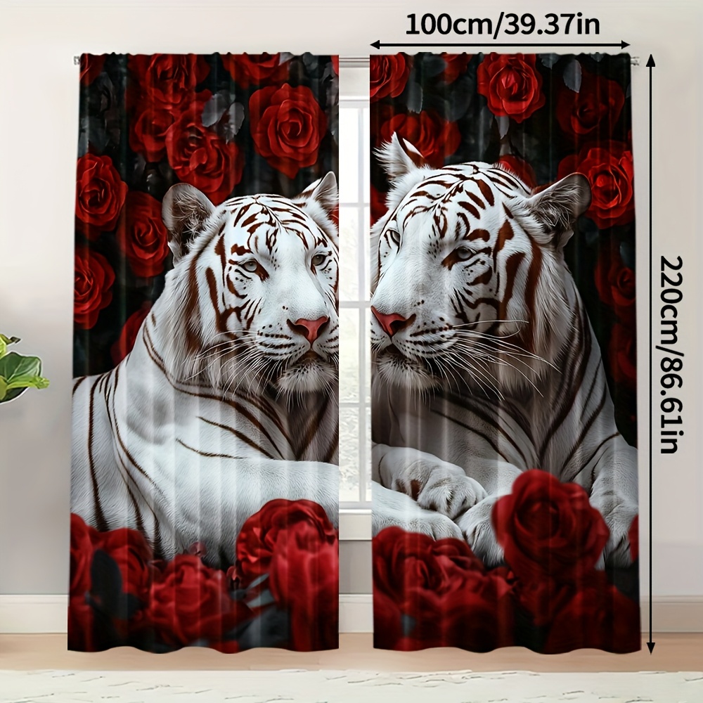 TEMU 2pcs, Elegant Animal Window Curtains, White Tiger And Red Rose, Machine Washable Fabric, For Living Room And Bedroom Home Decoration, (without