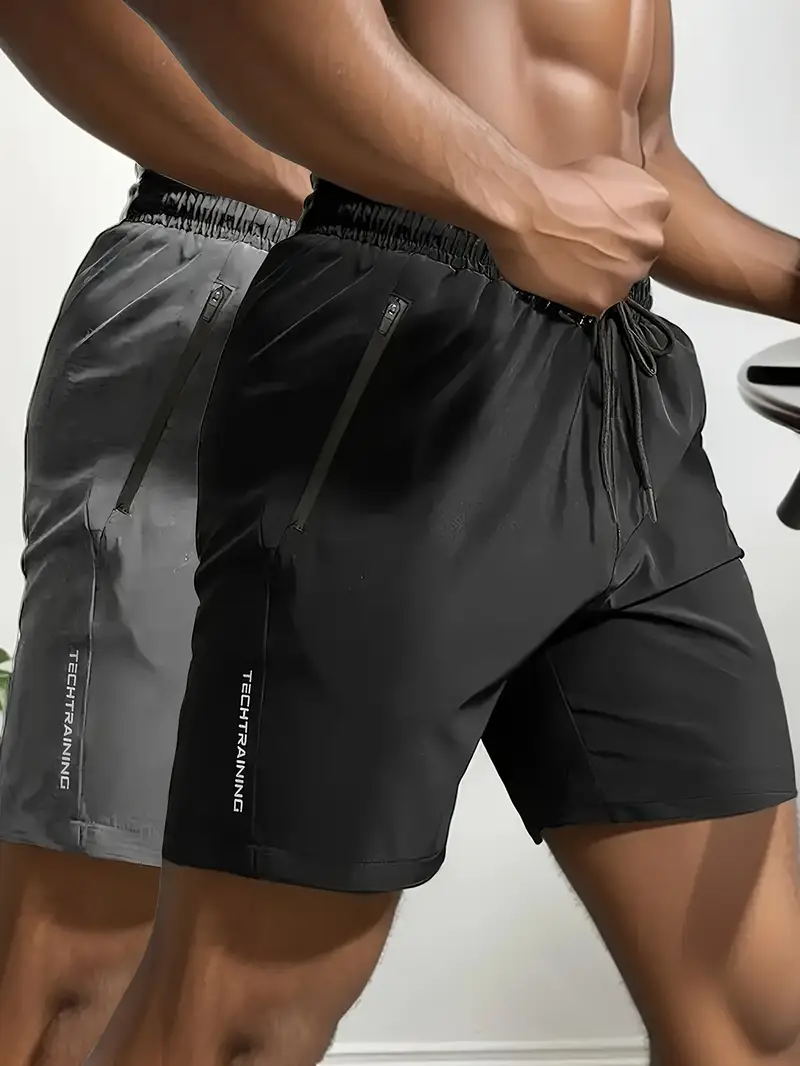 5pcs mens casual sports shorts with zipper pockets quick dry active training running shorts with elastic waist drawstring details 1