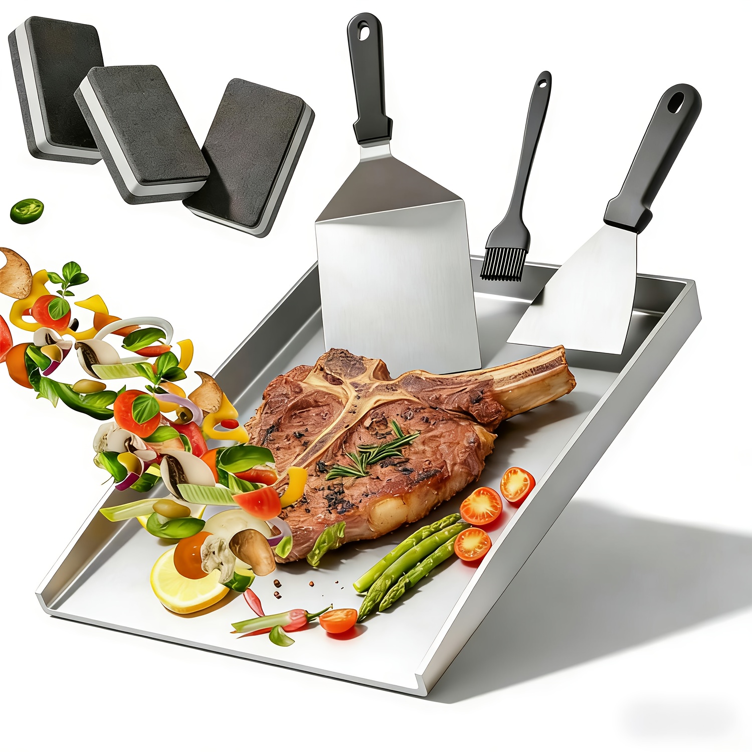 Image of 40x30cm Stainless Steel Baking Pan Set, Multi-functional Frying Pan, With Spatula, Oil Brush And Sponge, Suitable For Charcoal And Gas Grills