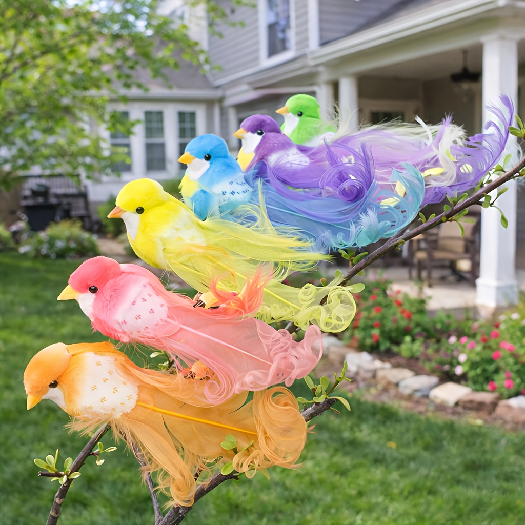Image of A Set Of 6 Vibrant Artificial Feather Curly Birds, Featuring Bright And Colors, Perfect For Home And Garden Decoration. Lifelike Hanging Ornaments Are Ideal For Festive Decor