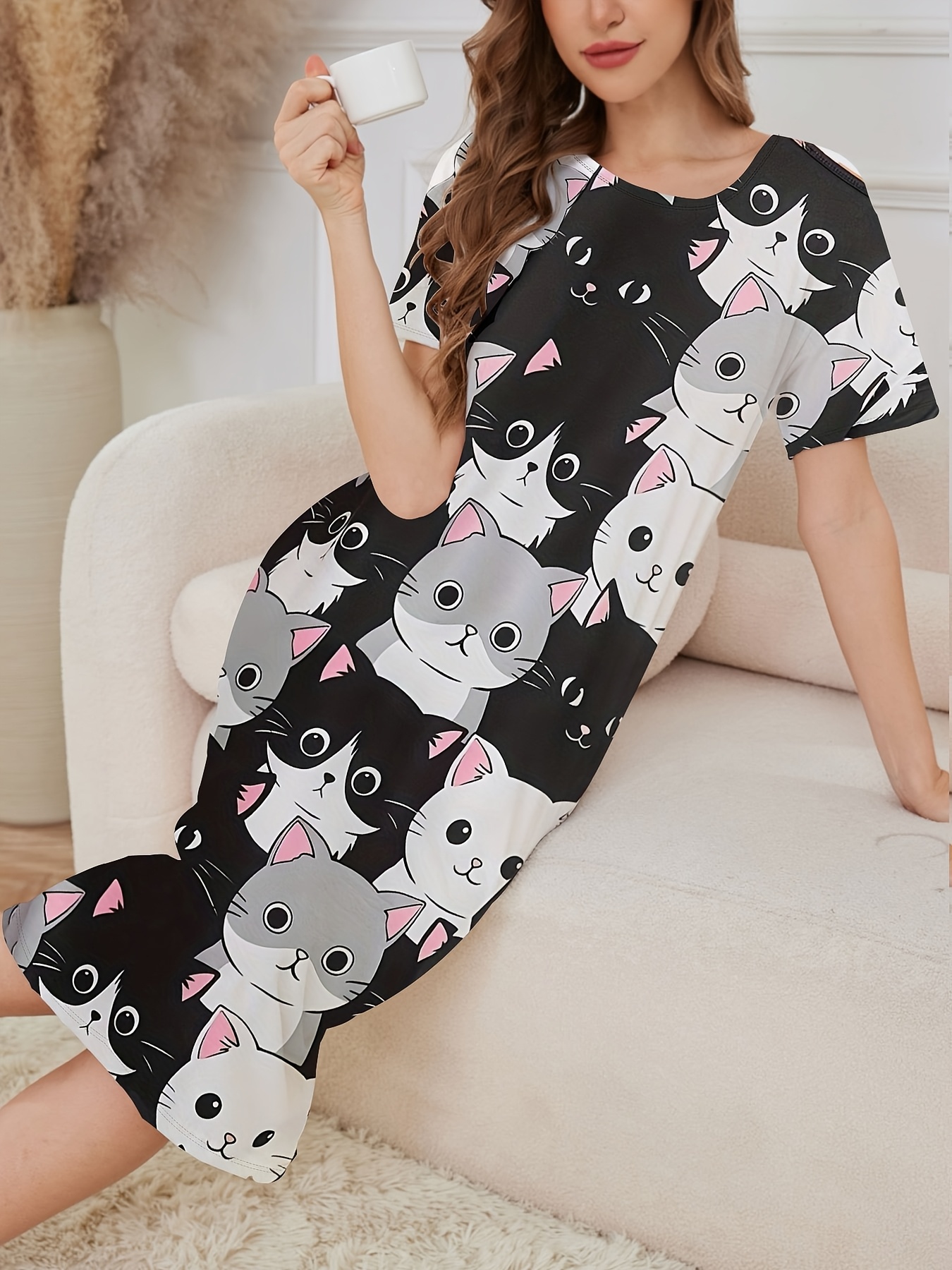 chinese dress ladies Court Whimsical Cat Print Nightgown Blue Cat Print / M main image 0
