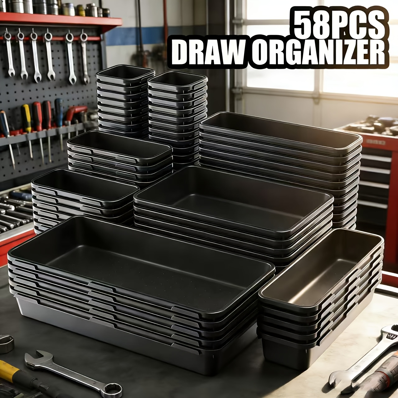 TEMU 46/58/69pcs Seketman Drawer Organizer, 5 Sizes Tool Box Organizer Tray Divider Set, Garage Organization And Storage Toolbox For Rolling Tool