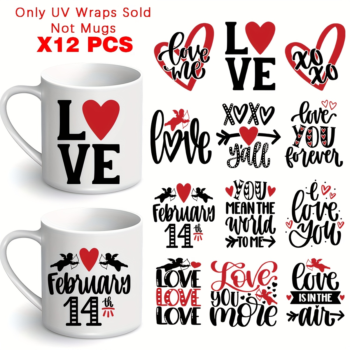 

12-pack Valentine's Day Uv Dtf Decals, Diy , Waterproof -resistant Pvc Material, For Notebooks, Glassware, Mugs, Walls, Wallets, Tassels, Phone Cases, Ceramics, Art Projects, Ideal Gift For Smooth