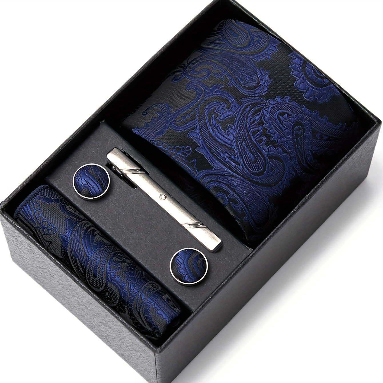 

Passabin Men's Elegant Blue Paisley Tie Set With Matching Pocket Square & Cufflinks - Polyester, Woven Style In Gift Box - Ideal For Weddings & Formal