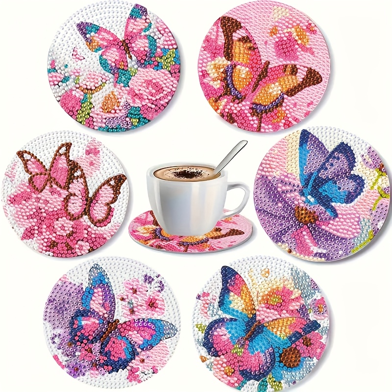 TEMU 6pcs Heart Coasters Set - Heat-resistant Wooden Material Mats, Beginner Art Kit, Craft Gift, Round Full Diamond, Mosaic Puzzle With Numbered