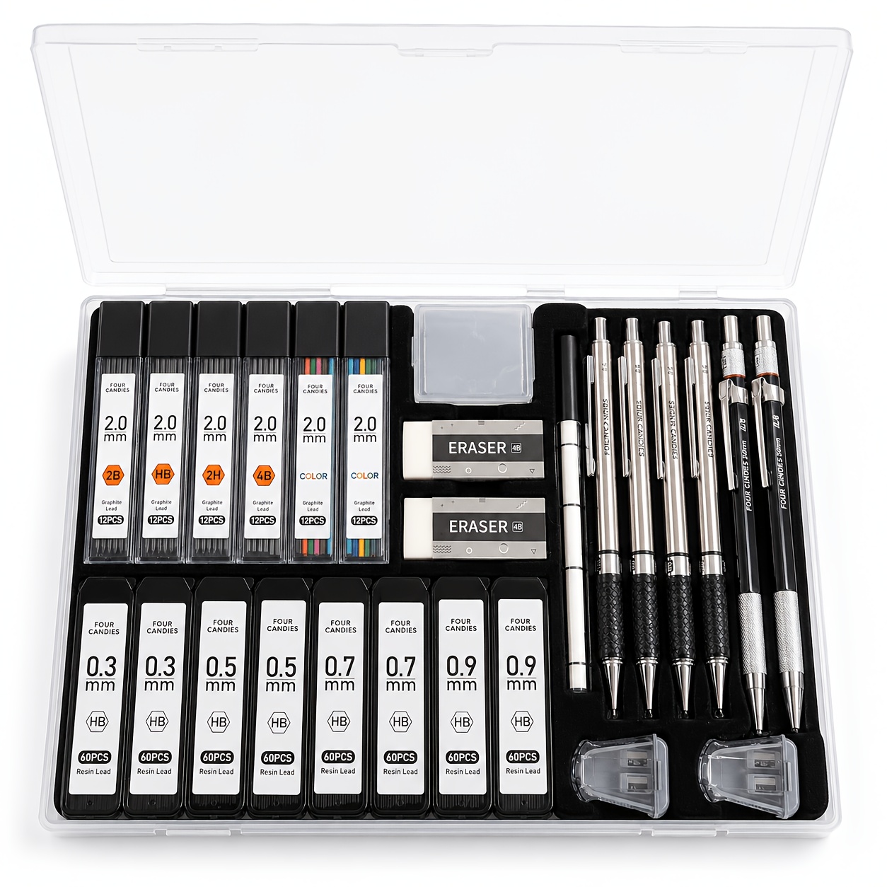 TEMU Fourcandies Art Mechanical Pencil Set With Case, 6 Mechanical Pencils, 11 Lead Refill Packs, 4 Erasers (including 1 Kneaded Eraser), 2