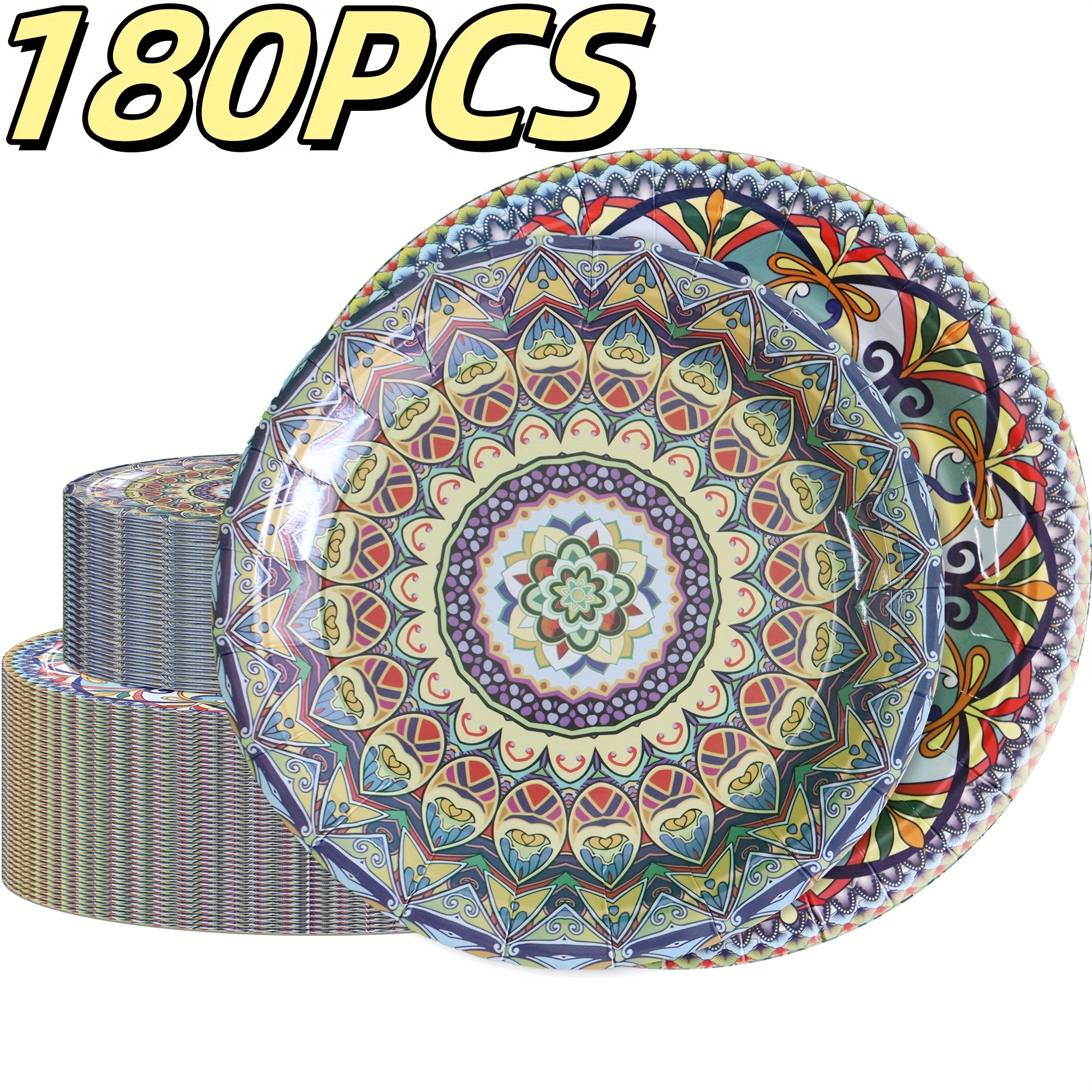 TEMU 60/120/180 Pack Boho Paper Plates (30×7 Inches And 30×9 Inches), Disposable Plates, Retro Bohemian-style Dessert Plates, Plate Sets Suitable For
