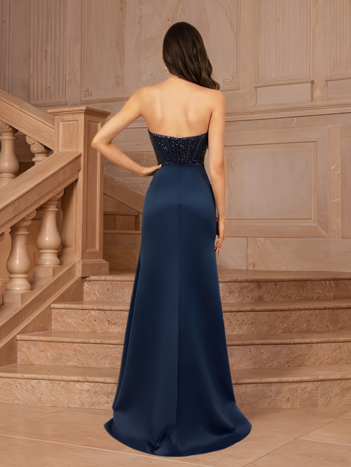 sachin and babi light blue dress elegant holiday attire glossy navy blue sleeveless gown lace