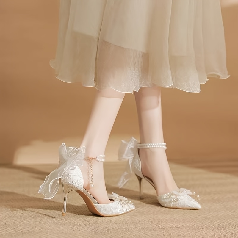elegante witte bruids trouwschoenen: puntige stilettohak Temu