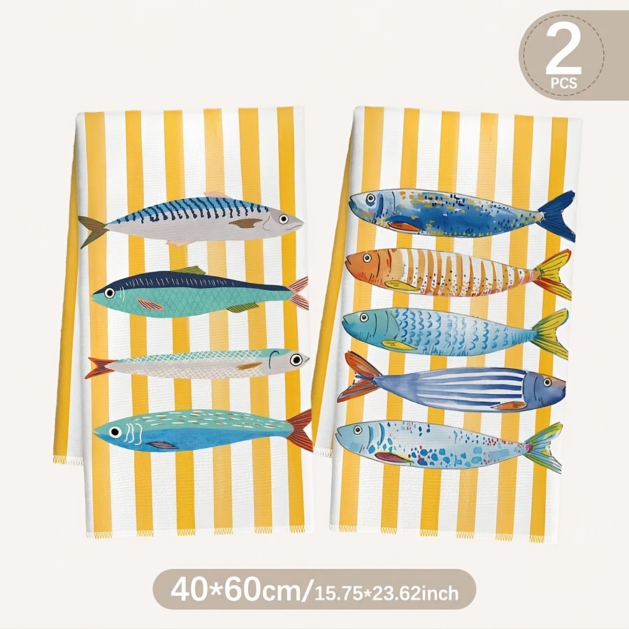 TEMU Lot de 2 torchons de cuisine orange à rayures et motif de poissons, 40X60 cm (15.75X23.62 pouces), chiffons à vaisselle et absorbants en