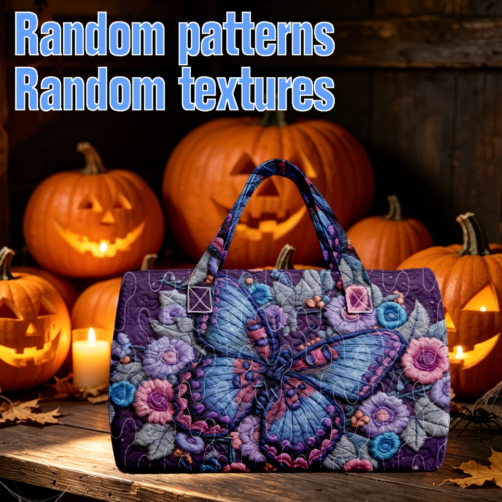 TEMU 1pc Purple Floral Pattern Quilted Boston Handbag, Purple Garden Theme Theme Travel Tote Bag, Suitable For Love Purple And Patterns, Halloween