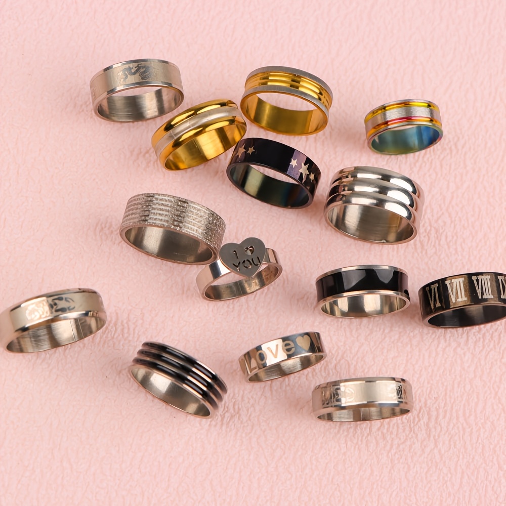20pcs Printed Striped Stainless Steel Rings Mixed Style